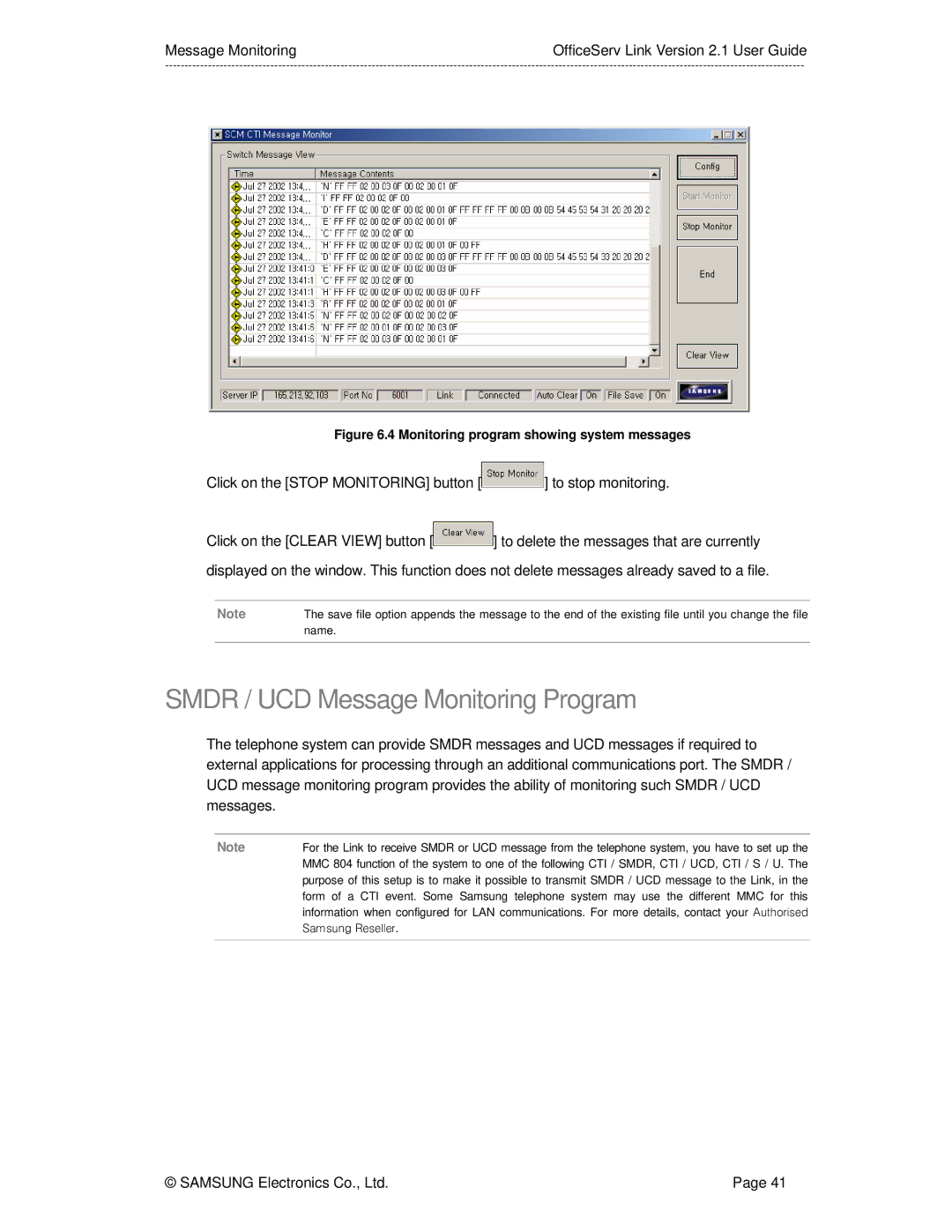 Samsung Version 2.1 manual Smdr / UCD Message Monitoring Program, Click on the Stop Monitoring button to stop monitoring 