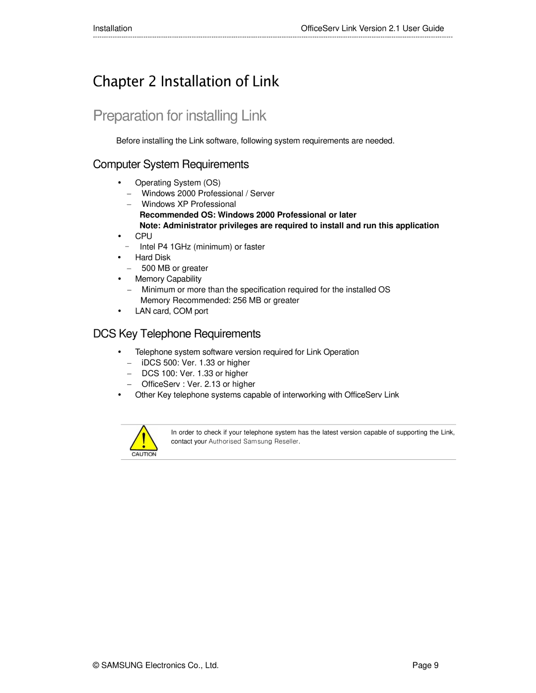 Samsung Version 2.1 manual Installation of Link, Preparation for installing Link, Computer System Requirements 