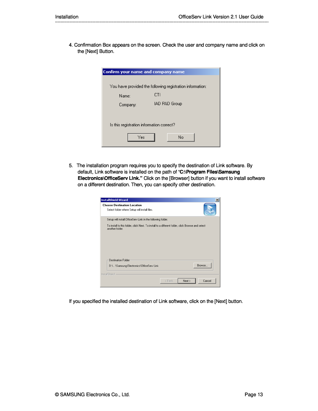 Samsung manual InstallationOfficeServ Link Version 2.1 User Guide 