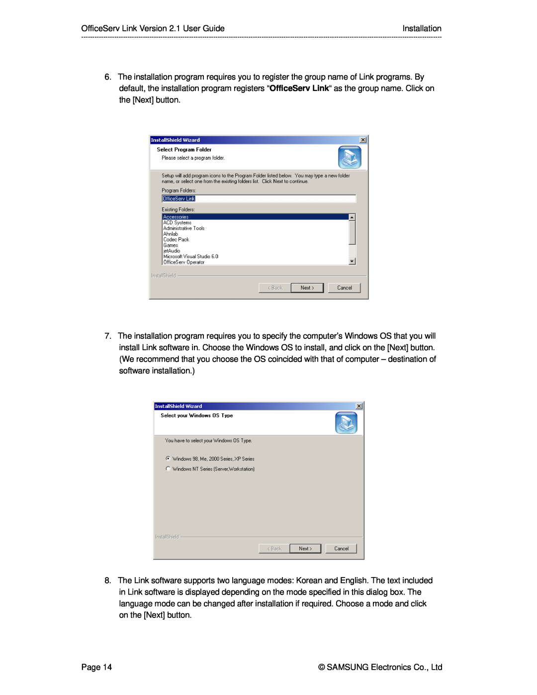 Samsung manual OfficeServ Link Version 2.1 User GuideInstallation, Page 