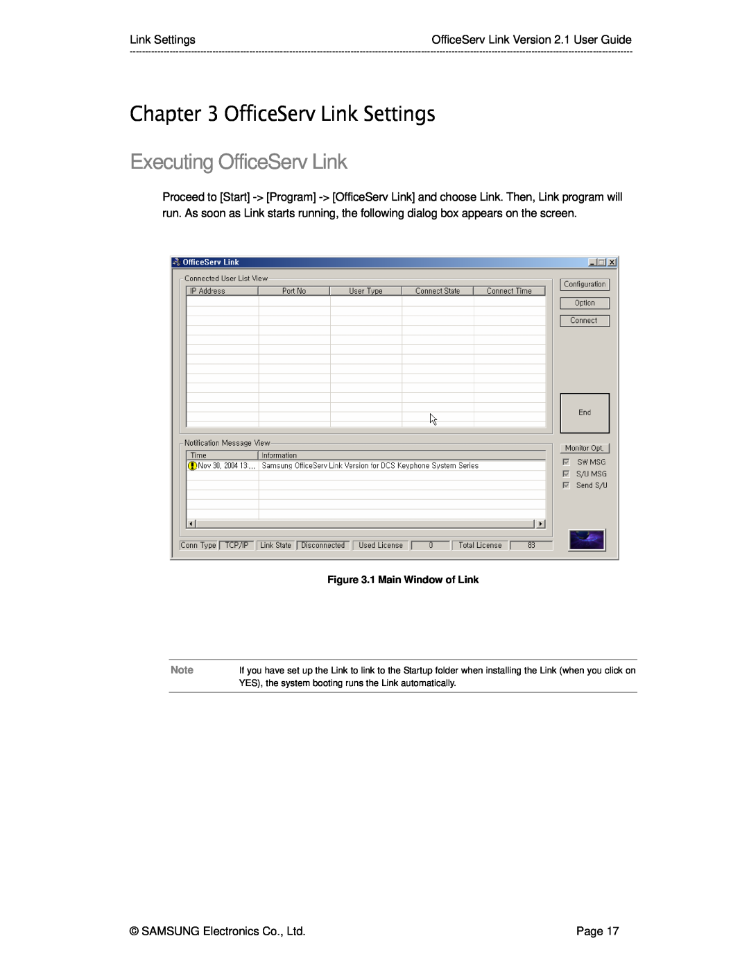 Samsung Version 2.1 manual OfficeServ Link Settings, Executing OfficeServ Link, Page, 1 Main Window of Link 