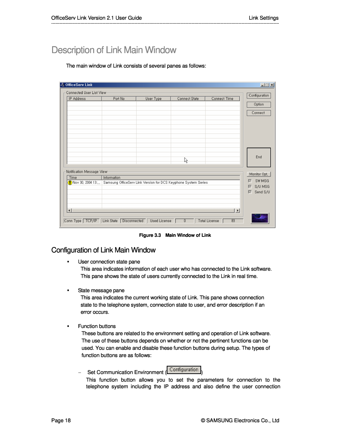 Samsung Version 2.1 manual Description of Link Main Window, Configuration of Link Main Window 
