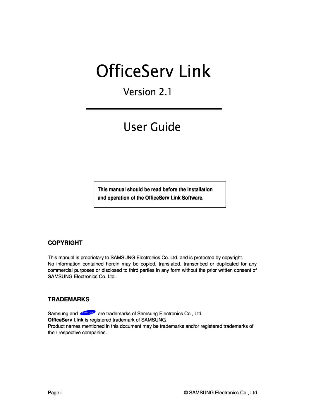 Samsung Version 2.1 manual User Guide, Copyright, Trademarks, OfficeServ Link 