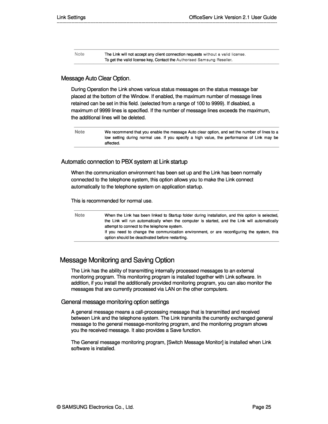 Samsung Version 2.1 manual Message Monitoring and Saving Option, Message Auto Clear Option 