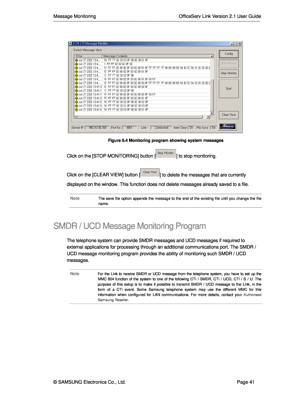 Samsung Version 2.1 manual SMDR / UCD Message Monitoring Program, 4 Monitoring program showing system messages 