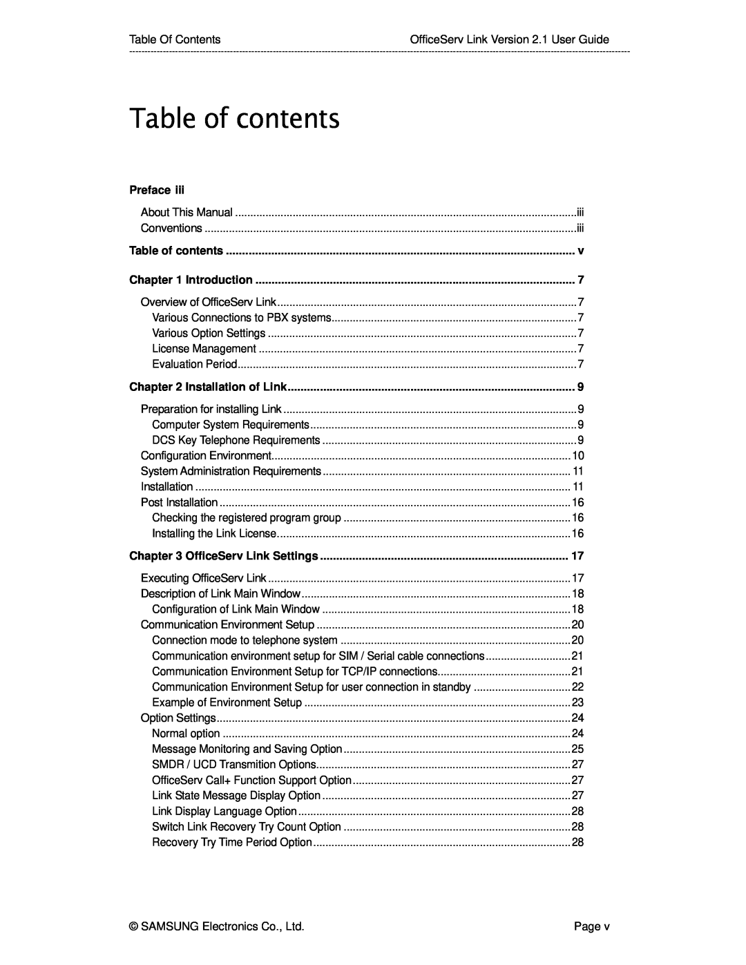 Samsung Version 2.1 manual Table of contents, Preface, Introduction, Installation of Link, OfficeServ Link Settings 