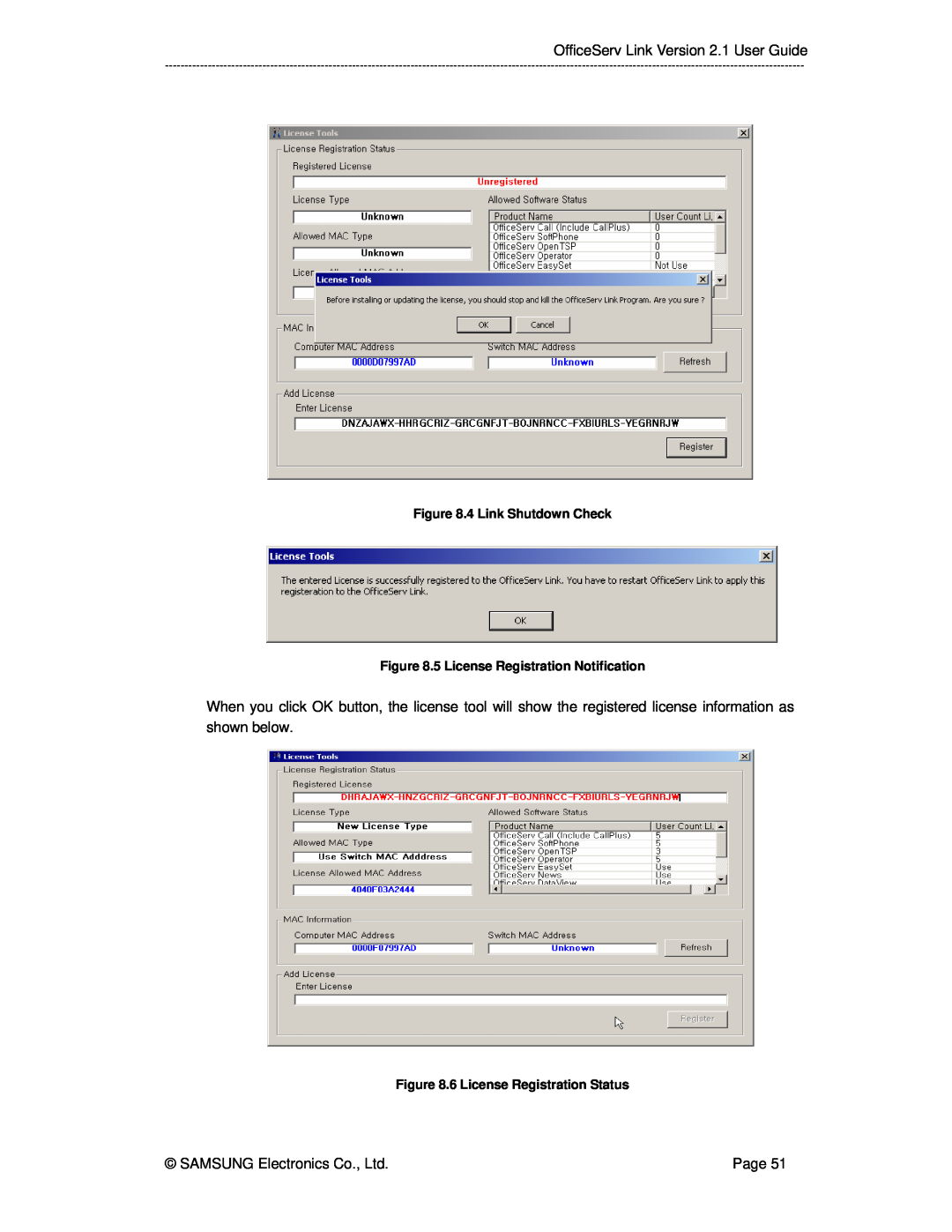 Samsung manual OfficeServ Link Version 2.1 User Guide, Page, 4 Link Shutdown Check, 5 License Registration Notification 
