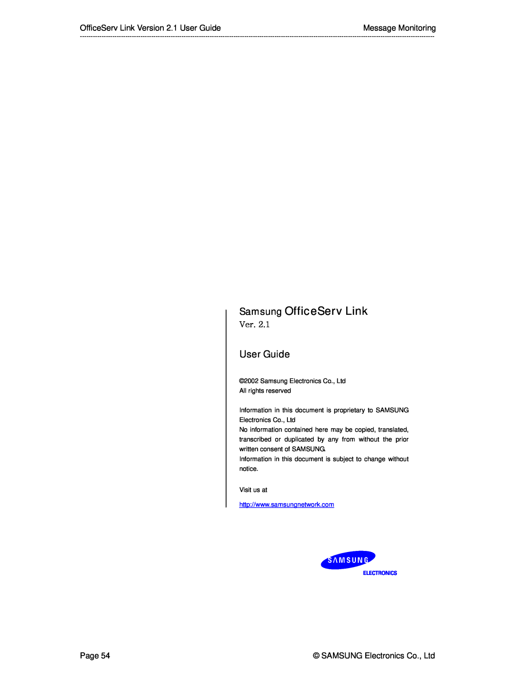 Samsung Version 2.1 User Guide, Samsung OfficeServ Link, Information in this document is subject to change without notice 