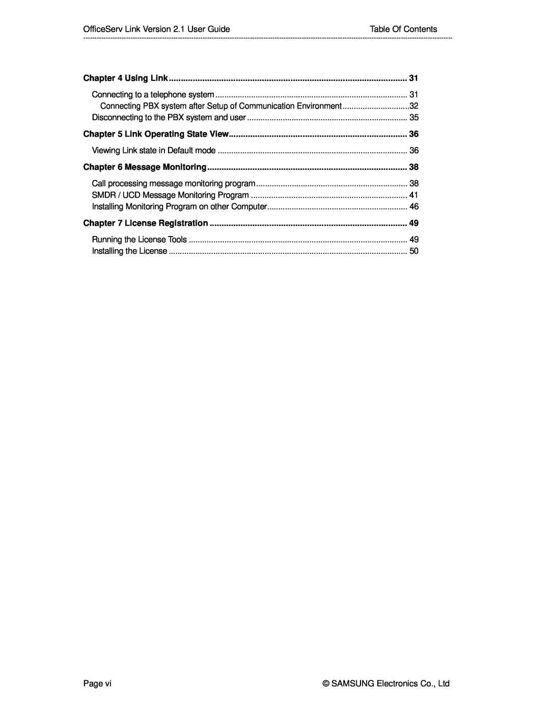 Samsung Version 2.1 Table Of Contents, Using Link, Message Monitoring, Link Operating State View, License Registration 