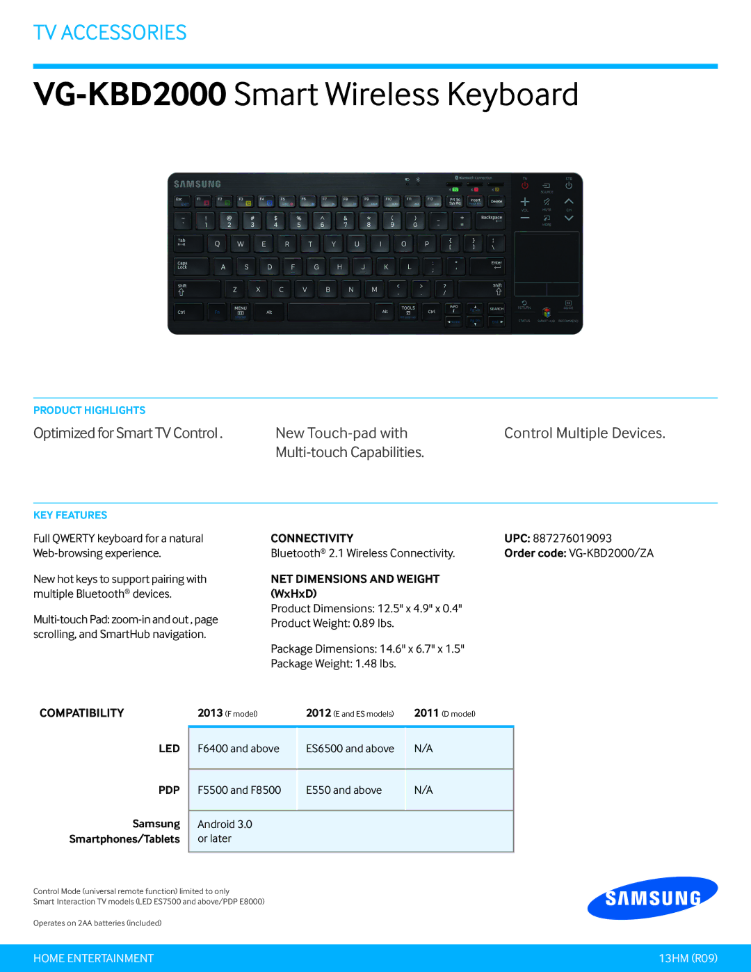 Samsung dimensions VG-KBD2000Smart Wireless Keyboard, Optimized for Smart TV Control New Touch-pad with, Connectivity 