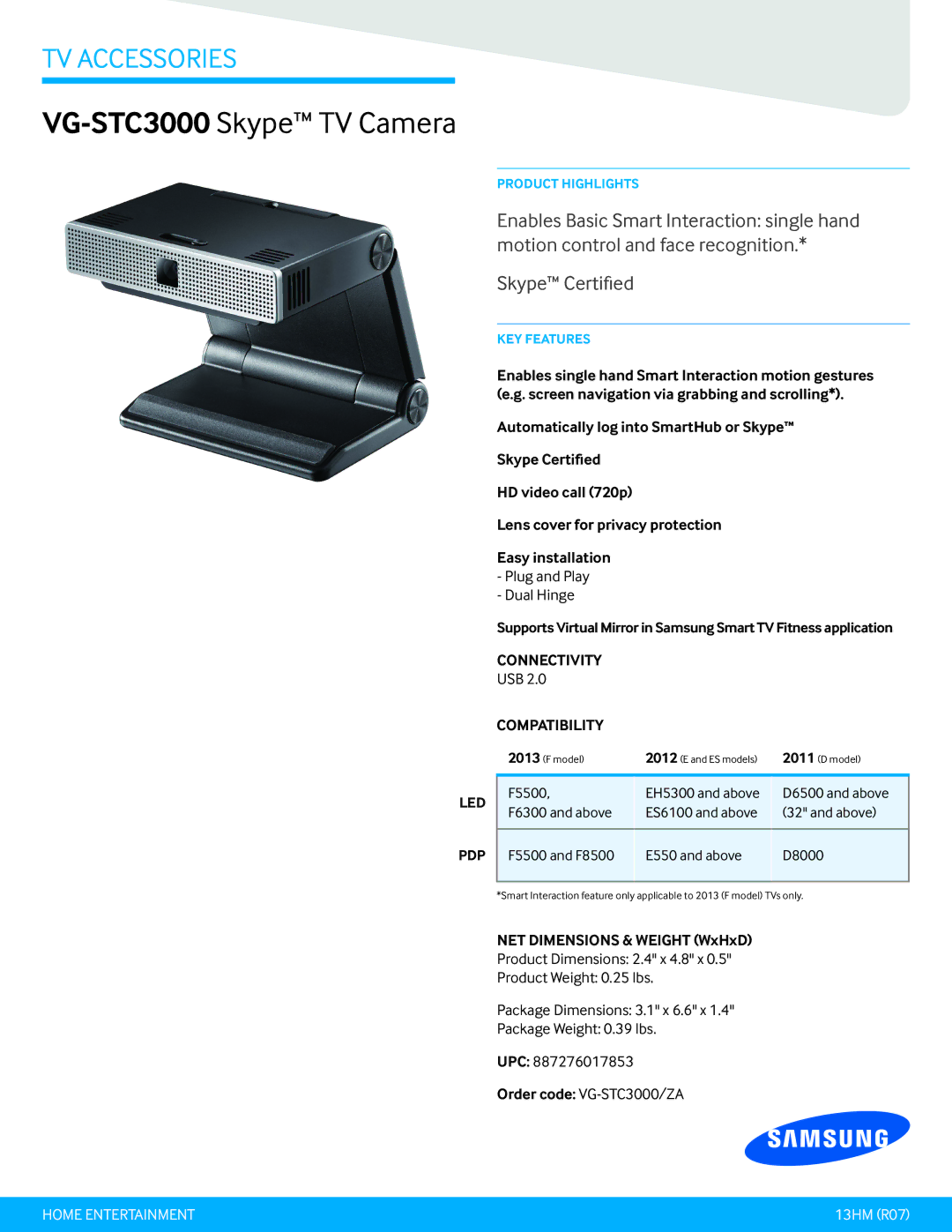 Samsung VGSTC3000ZA dimensions VG-STC3000Skype TV Camera, Connectivity, Compatibility, Led Pdp 