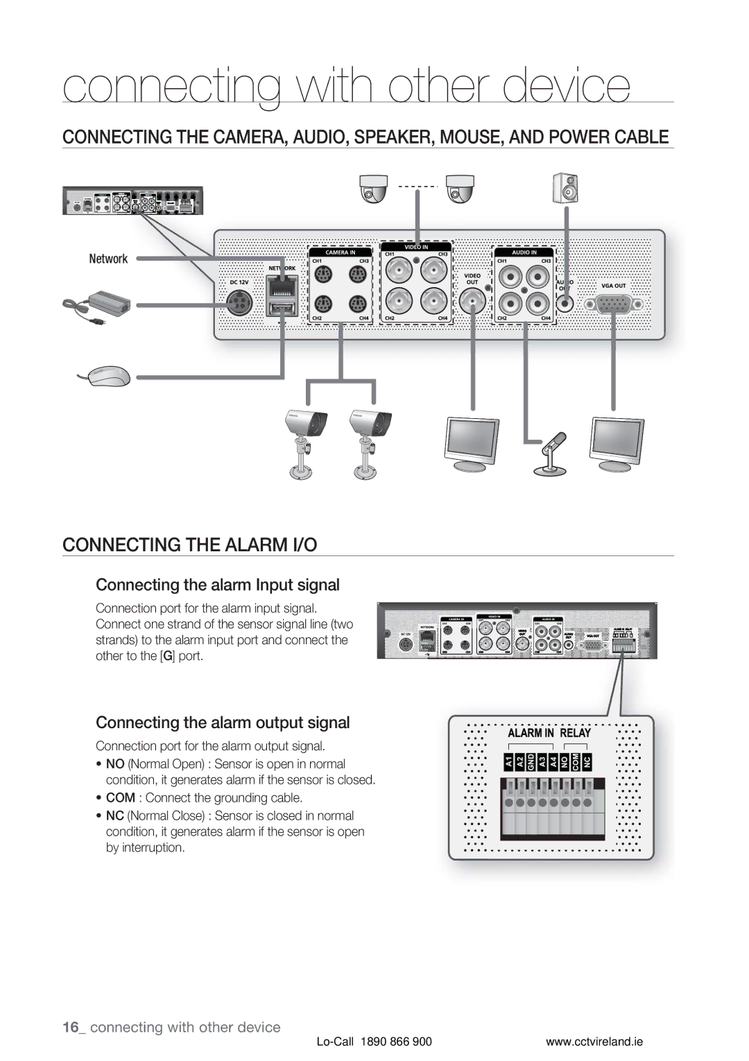 Samsung VKKF004NUS user manual Connecting with other device, Connecting the Alarm I/O, Connecting the alarm Input signal 