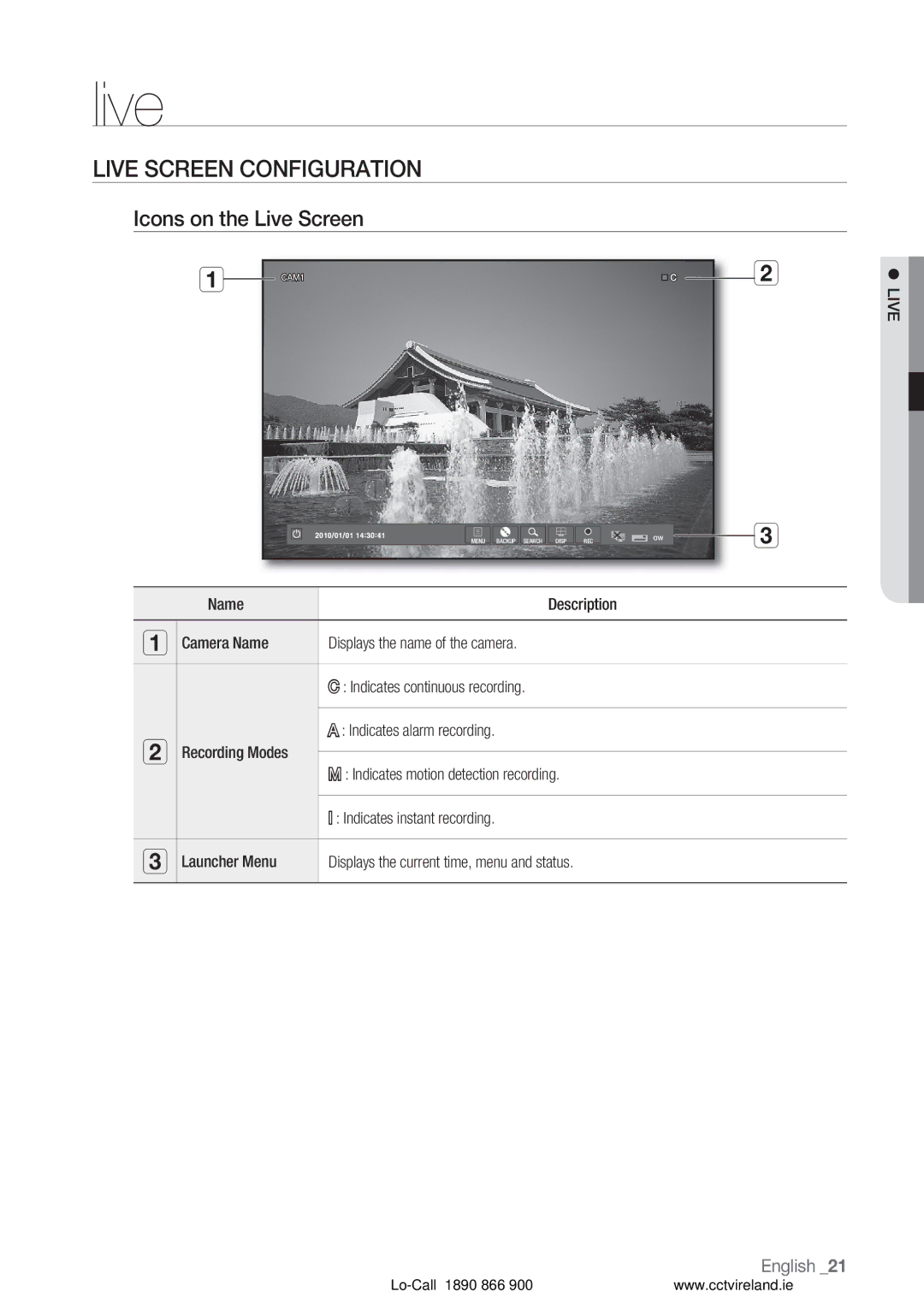 Samsung VKKF004NUS user manual Live Screen Configuration, Icons on the Live Screen 