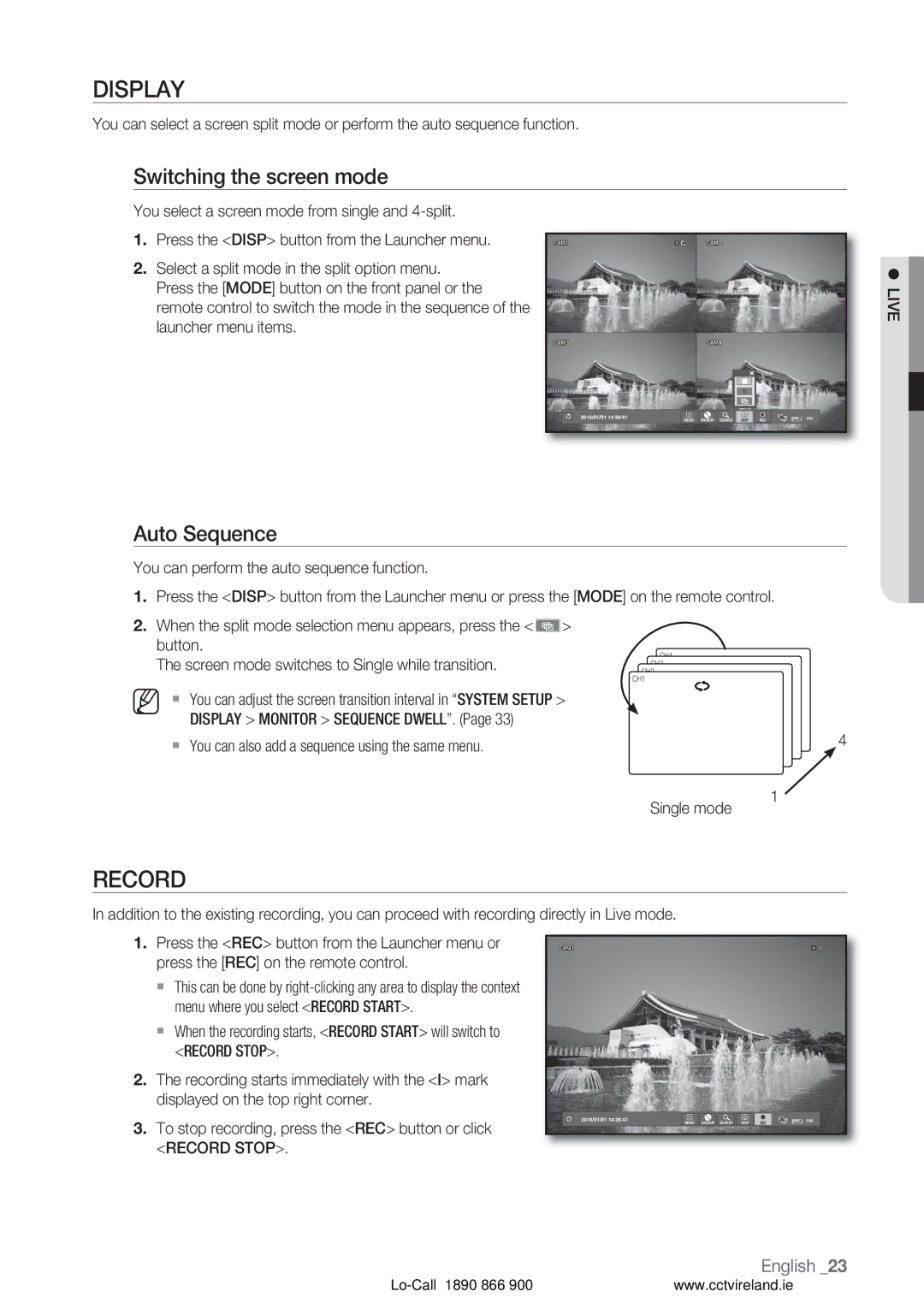 Samsung VKKF004NUS user manual Display, Record, Switching the screen mode, Auto Sequence 