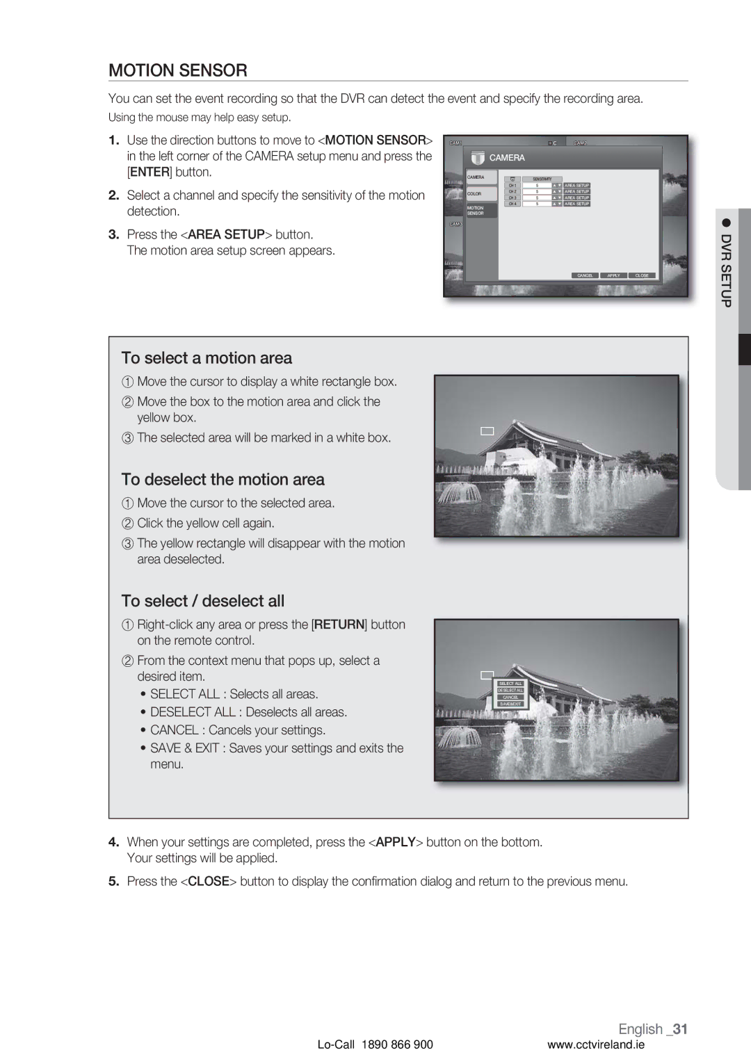 Samsung VKKF004NUS Motion Sensor, To select a motion area, To deselect the motion area, To select / deselect all, Setup 