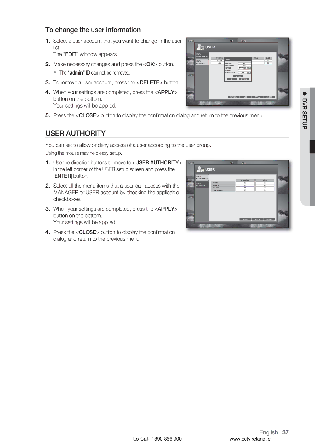 Samsung VKKF004NUS user manual User Authority, To change the user information 