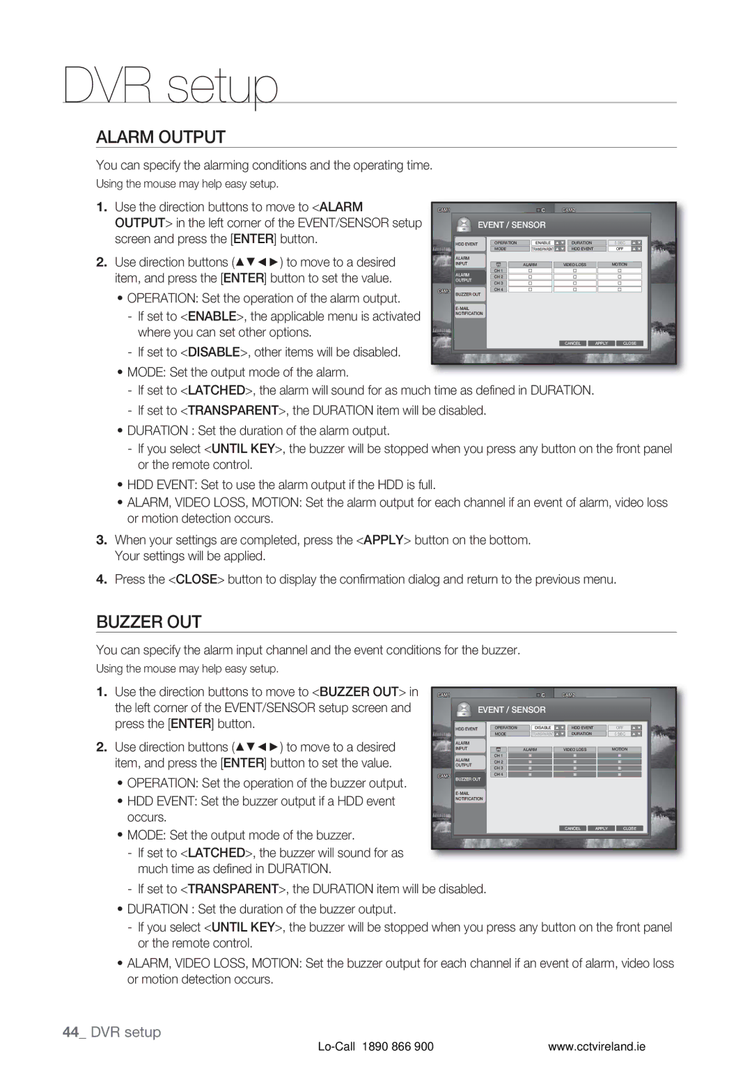 Samsung VKKF004NUS user manual Alarm Output, Buzzer OUT, Mode Set the output mode of the alarm 