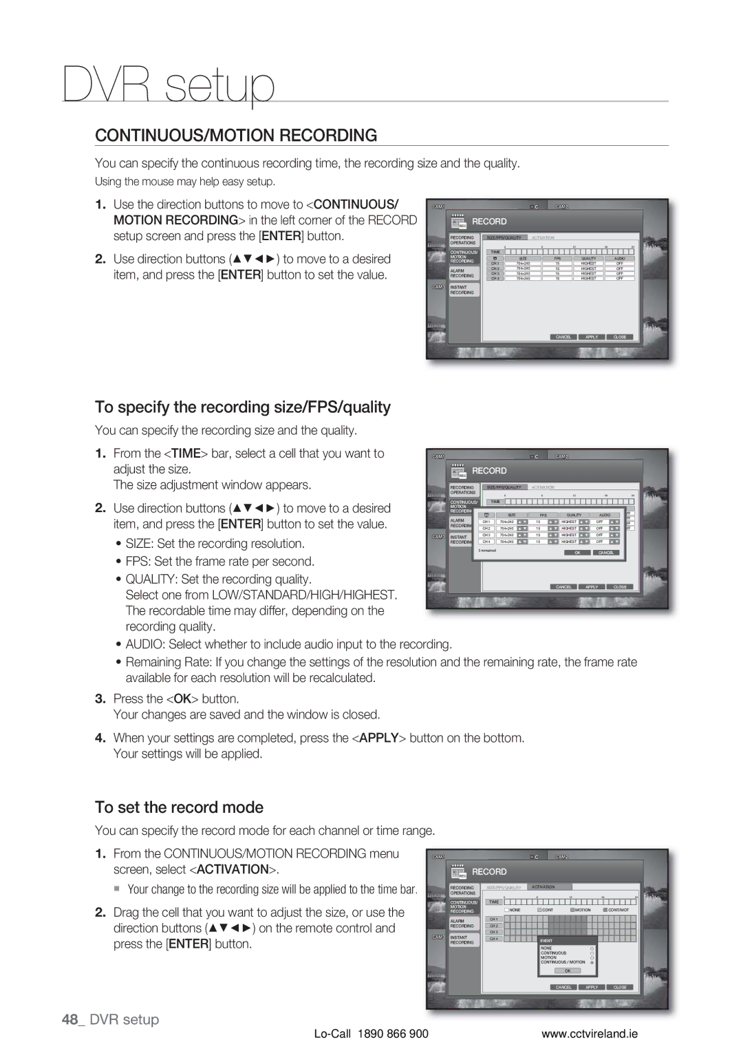 Samsung VKKF004NUS CONTINUOUS/MOTION Recording, To specify the recording size/FPS/quality, To set the record mode 