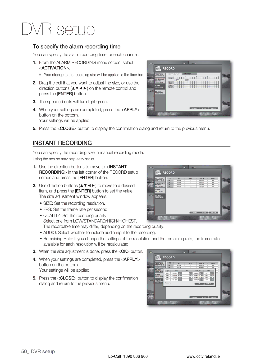 Samsung VKKF004NUS Instant Recording, To specify the alarm recording time, Use the direction buttons to move to Instant 