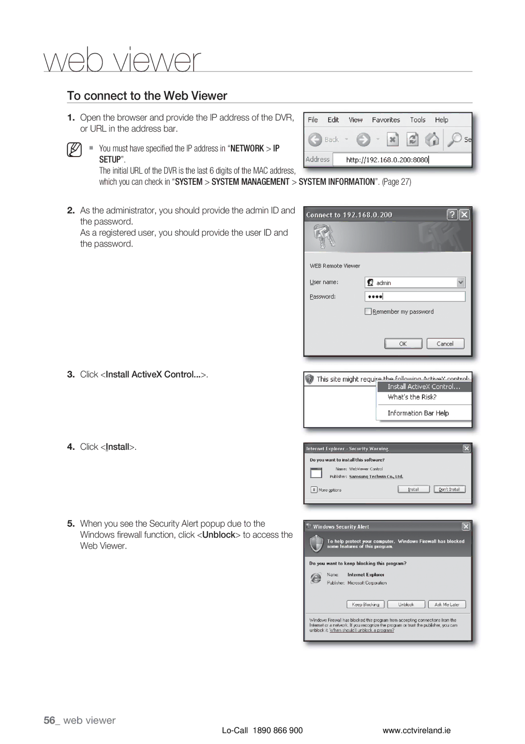 Samsung VKKF004NUS user manual To connect to the Web Viewer, Web viewer 