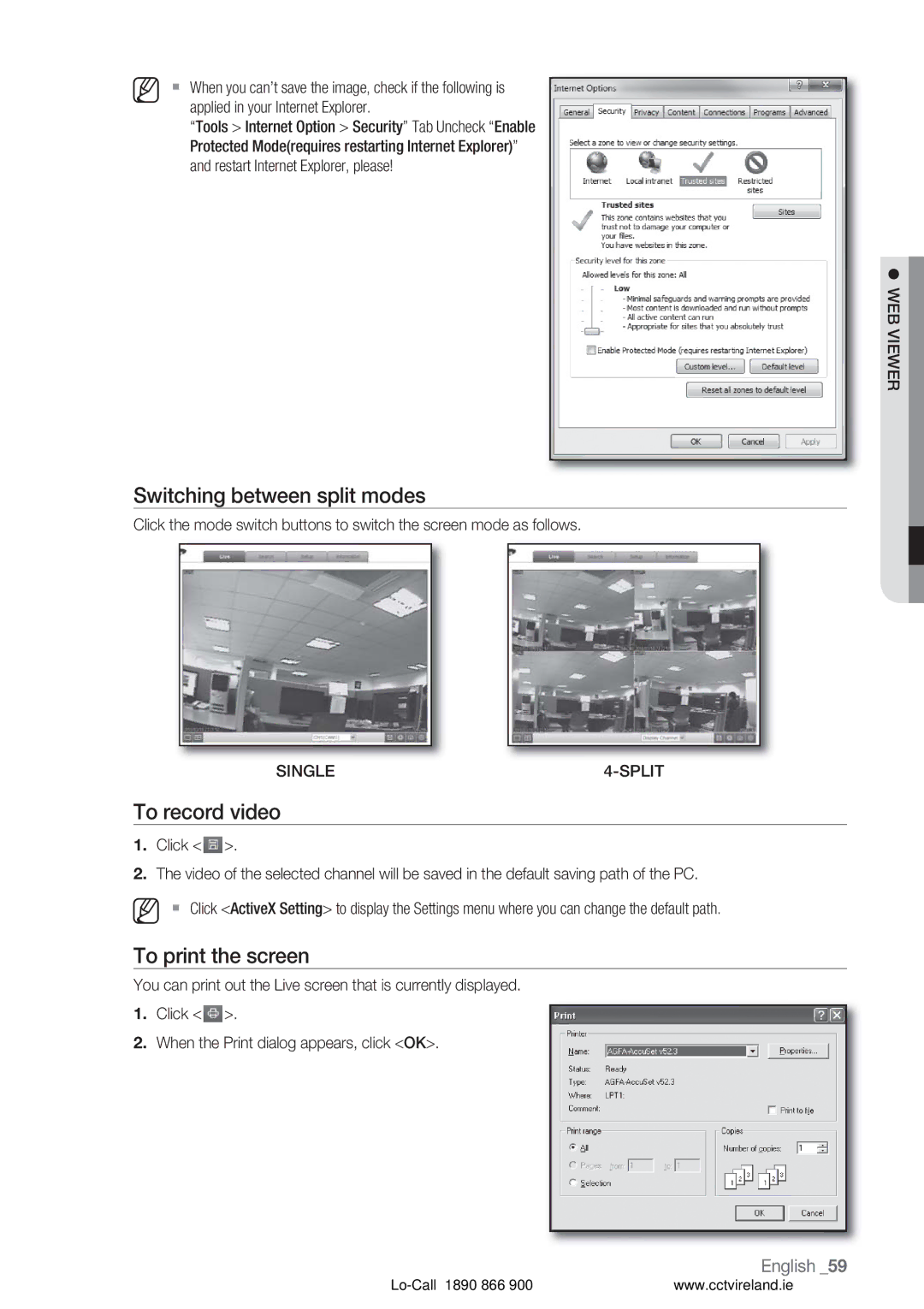 Samsung VKKF004NUS user manual Switching between split modes, To record video, To print the screen, Single Split 