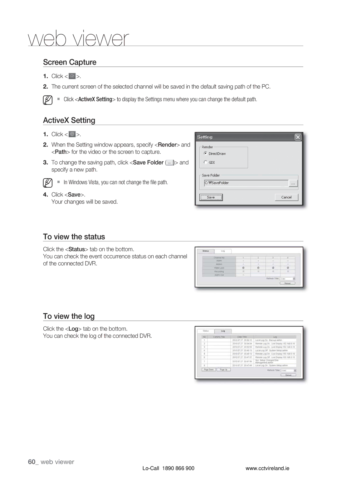 Samsung VKKF004NUS user manual Screen Capture, ActiveX Setting, To view the status, To view the log 