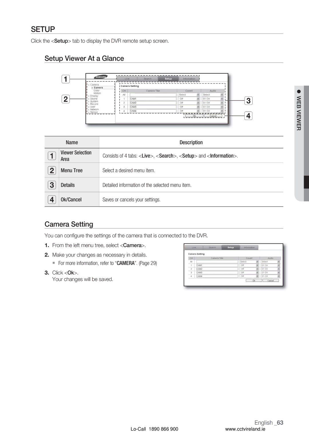 Samsung VKKF004NUS user manual Setup Viewer At a Glance, Camera Setting, Name Description 