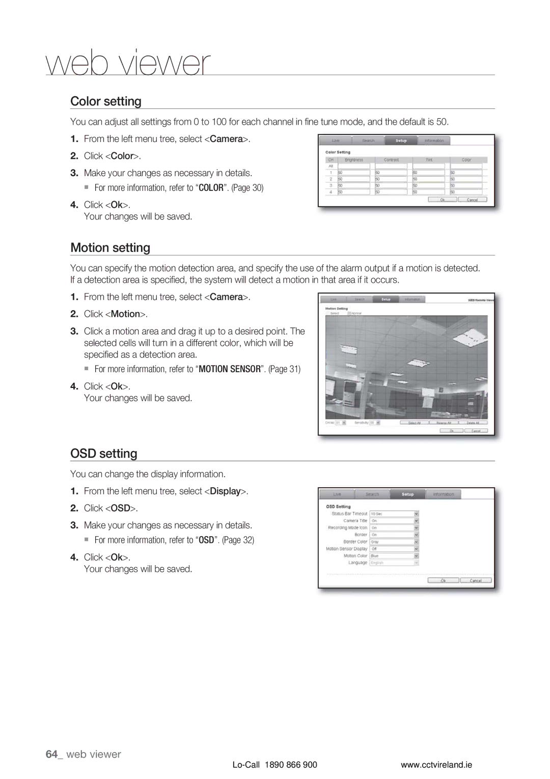 Samsung VKKF004NUS user manual Color setting, Motion setting, OSD setting 