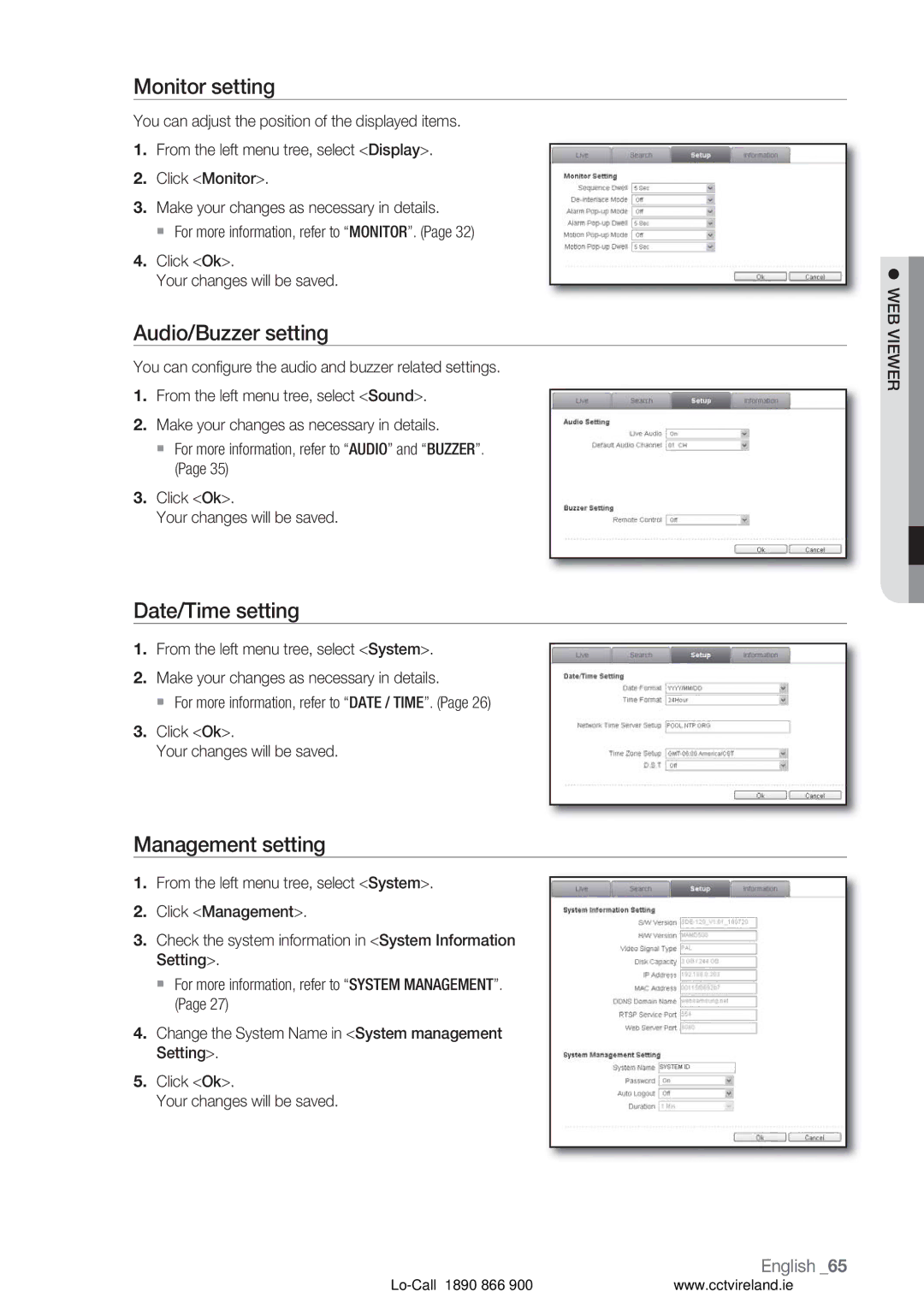 Samsung VKKF004NUS user manual Monitor setting, Audio/Buzzer setting, Date/Time setting, Management setting 