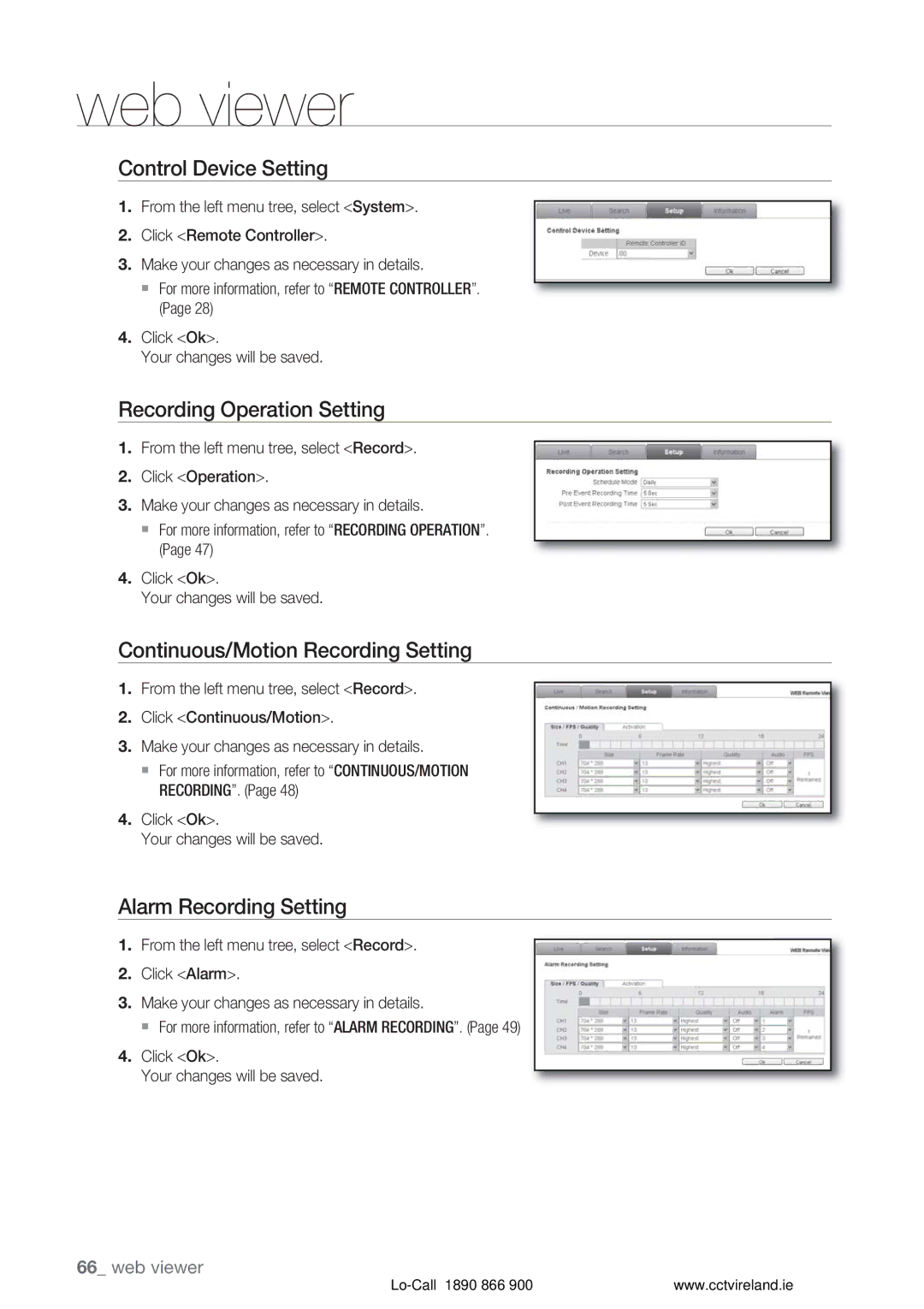 Samsung VKKF004NUS user manual Control Device Setting, Recording Operation Setting, Continuous/Motion Recording Setting 