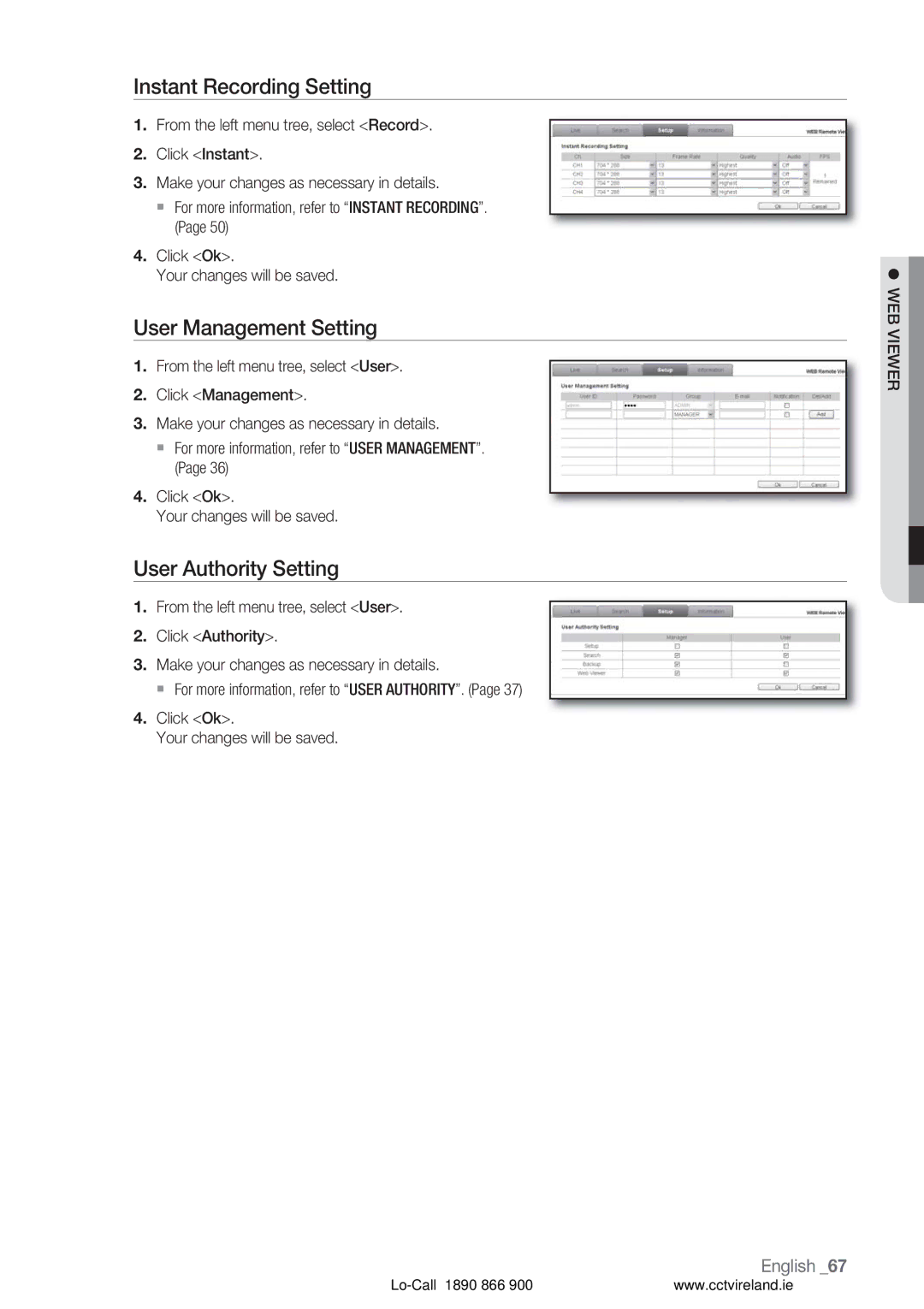 Samsung VKKF004NUS user manual Instant Recording Setting, User Management Setting, User Authority Setting 