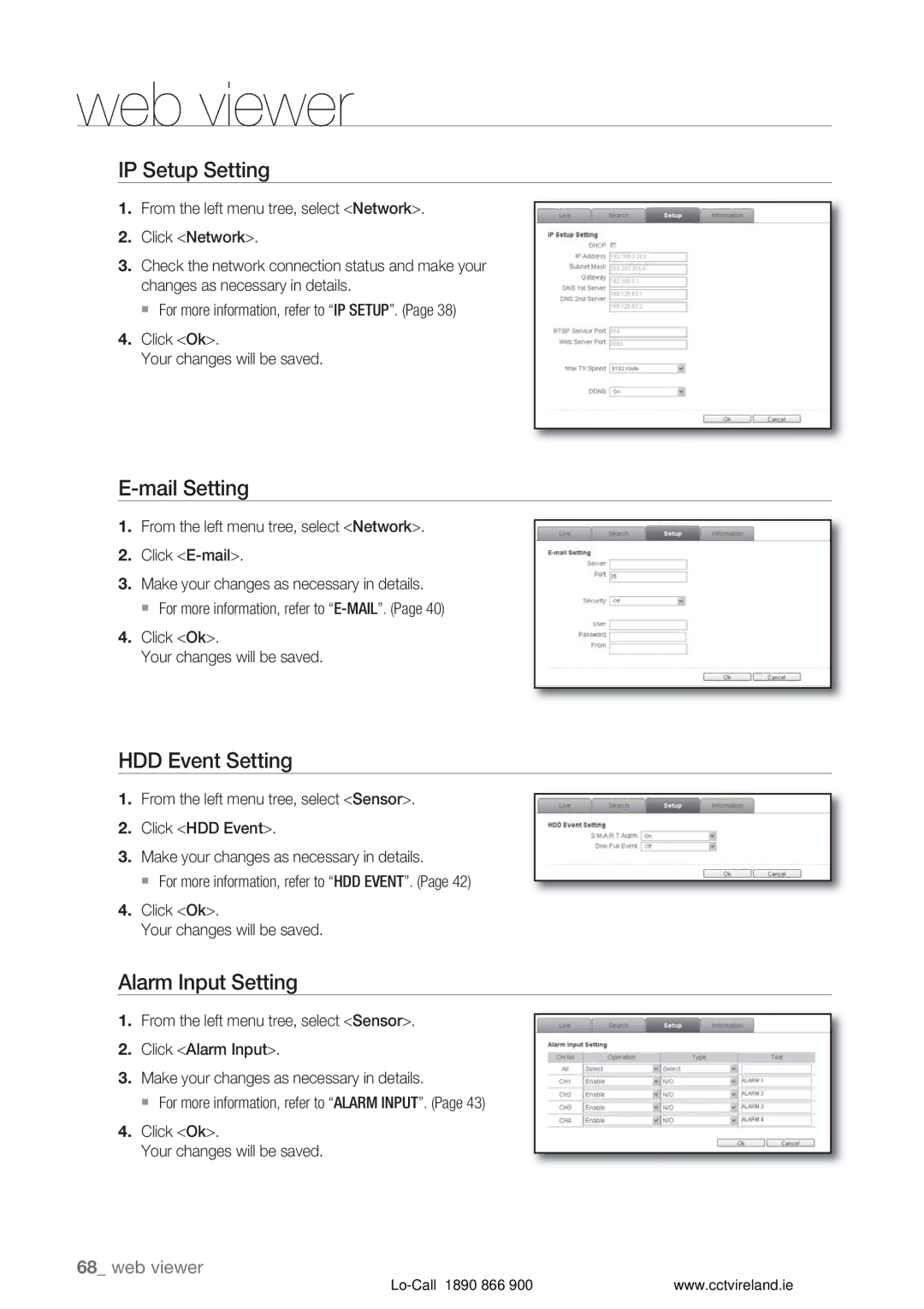 Samsung VKKF004NUS user manual IP Setup Setting, Mail Setting, HDD Event Setting, Alarm Input Setting 