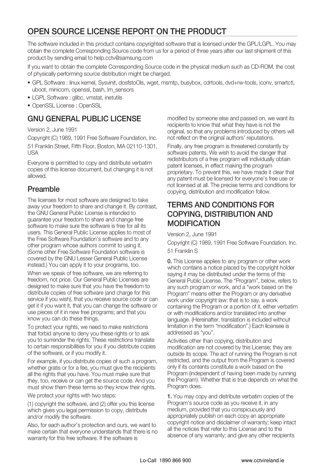 Samsung VKKF004NUS Open Source License Report on the Product, GNU General Public License, Preamble, Version 2, June, Usa 