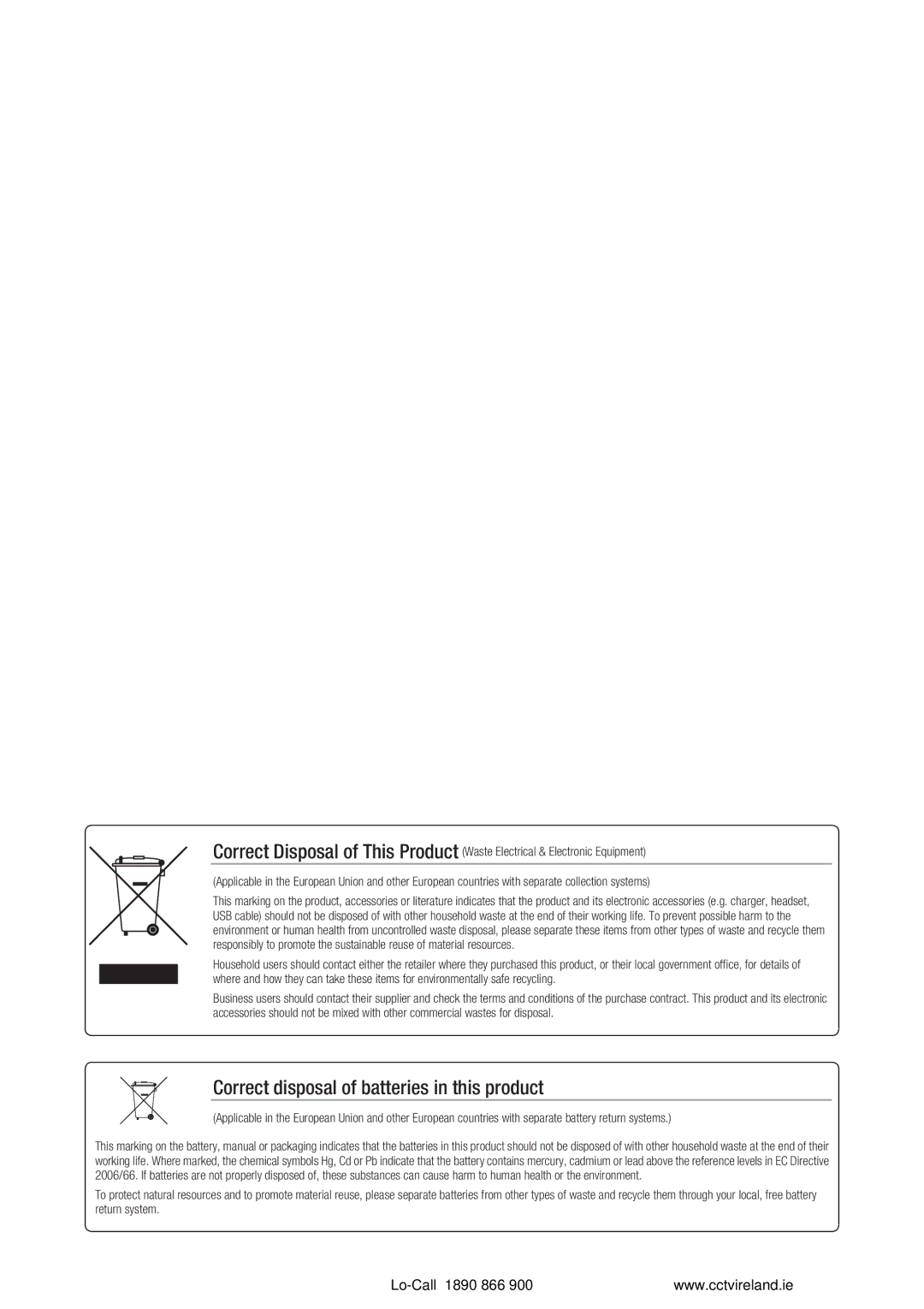 Samsung VKKF004NUS user manual Correct disposal of batteries in this product 