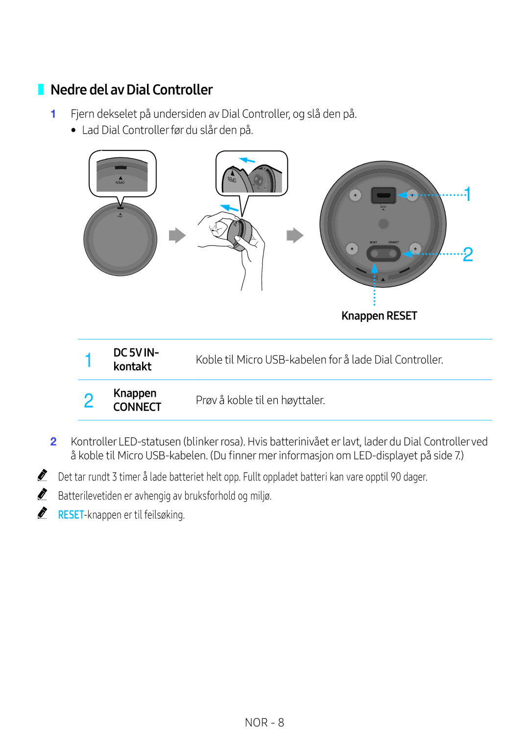 Samsung VL351/XE, VL350/XE, VL550/XE Nedre del av Dial Controller, Koble til Micro USB-kabelen for å lade Dial Controller 