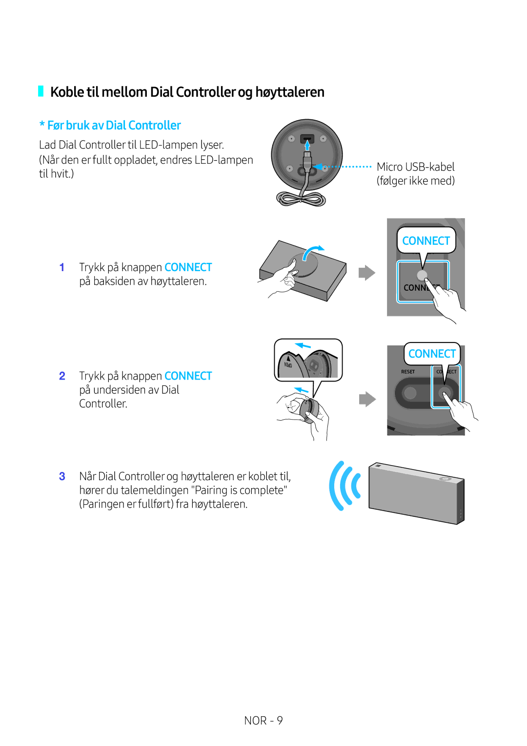 Samsung VL551/XE Koble til mellom Dial Controllerog høyttaleren, Trykk på knappen Connect på undersiden av Dial Controller 