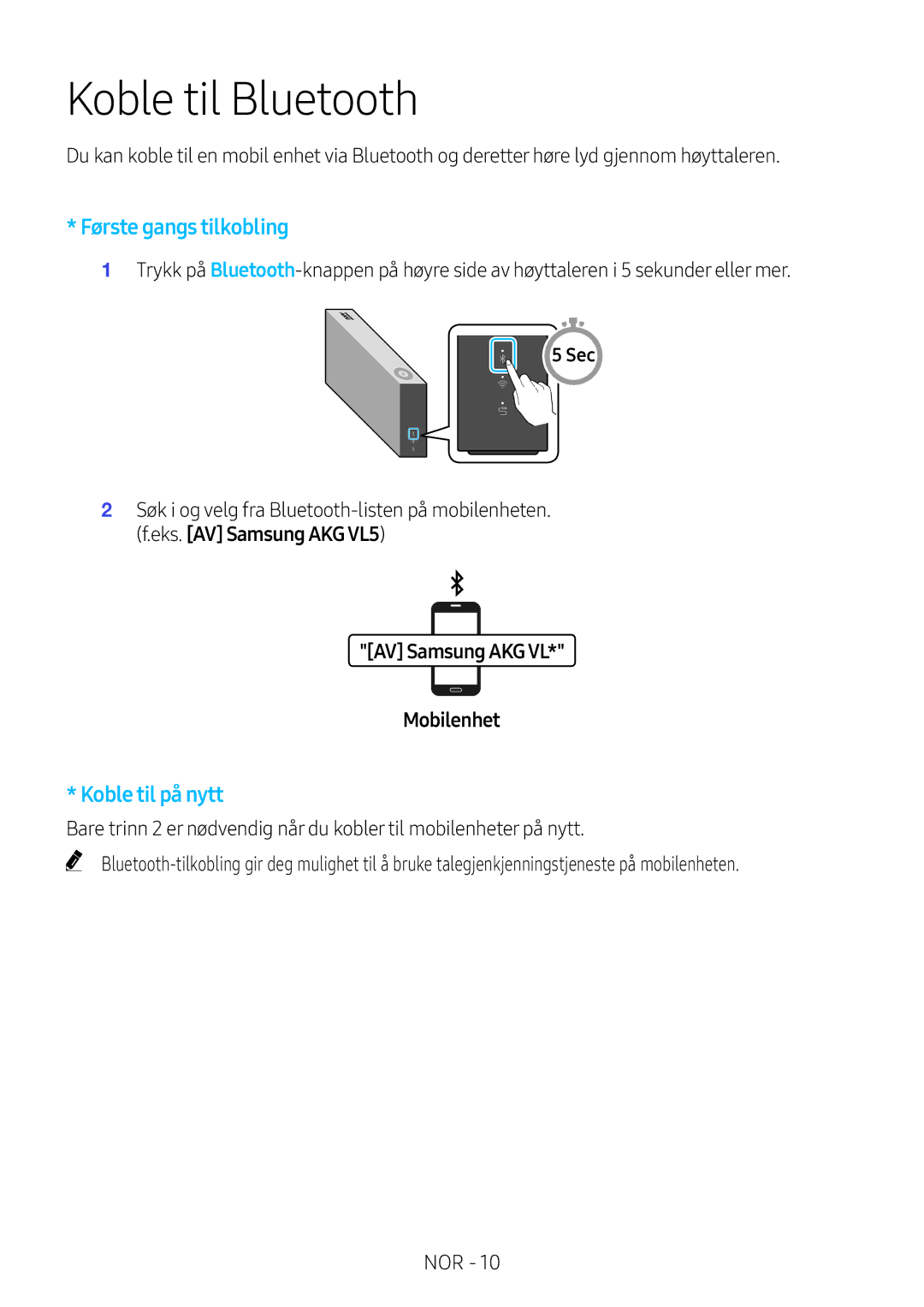 Samsung VL350/XE, VL550/XE, VL351/XE, VL551/XE manual Koble til Bluetooth, AV Samsung AKG VL Mobilenhet 