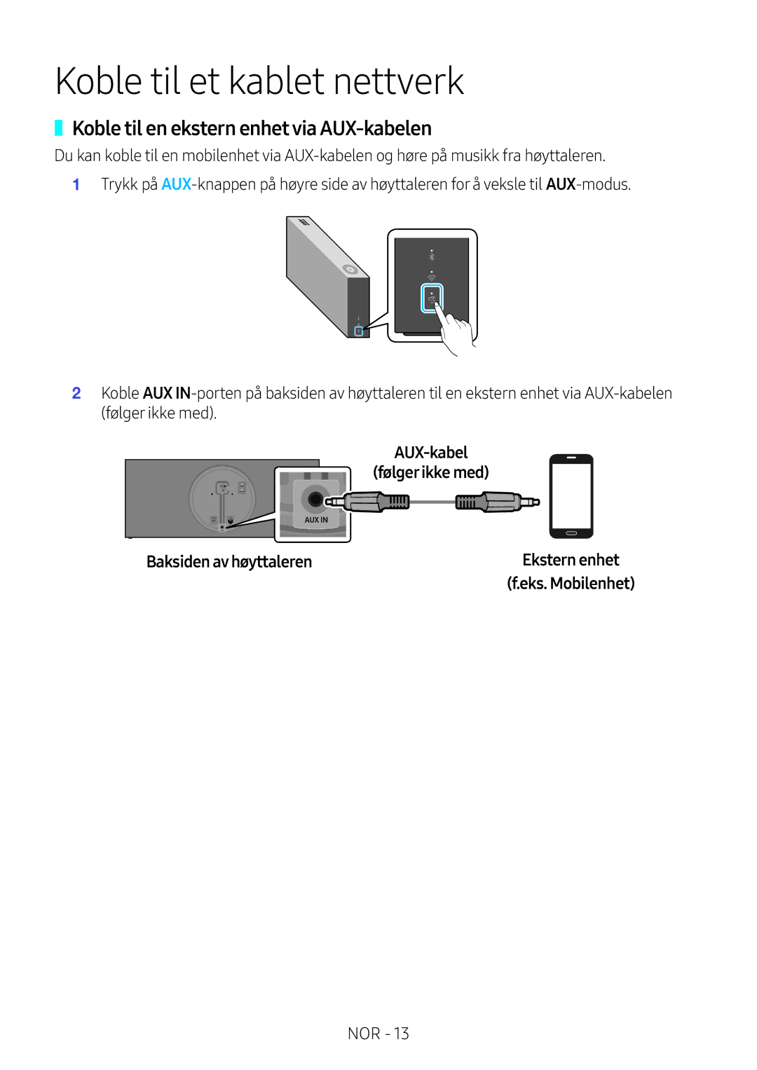 Samsung VL551/XE manual Koble til et kablet nettverk, Koble til en ekstern enhet via AUX-kabelen, Baksiden av høyttaleren 