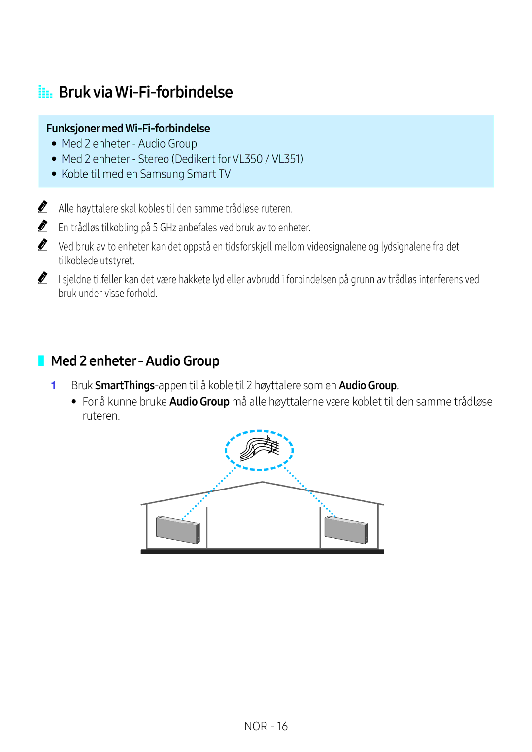 Samsung VL351/XE, VL350/XE manual AA Bruk via Wi-Fi-forbindelse, Med 2 enheter- Audio Group, Funksjonermed Wi-Fi-forbindelse 