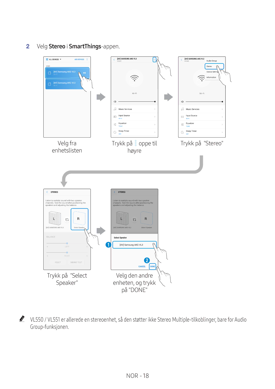 Samsung VL350/XE, VL550/XE, VL351/XE, VL551/XE manual Velg Stereo i SmartThings-appen 