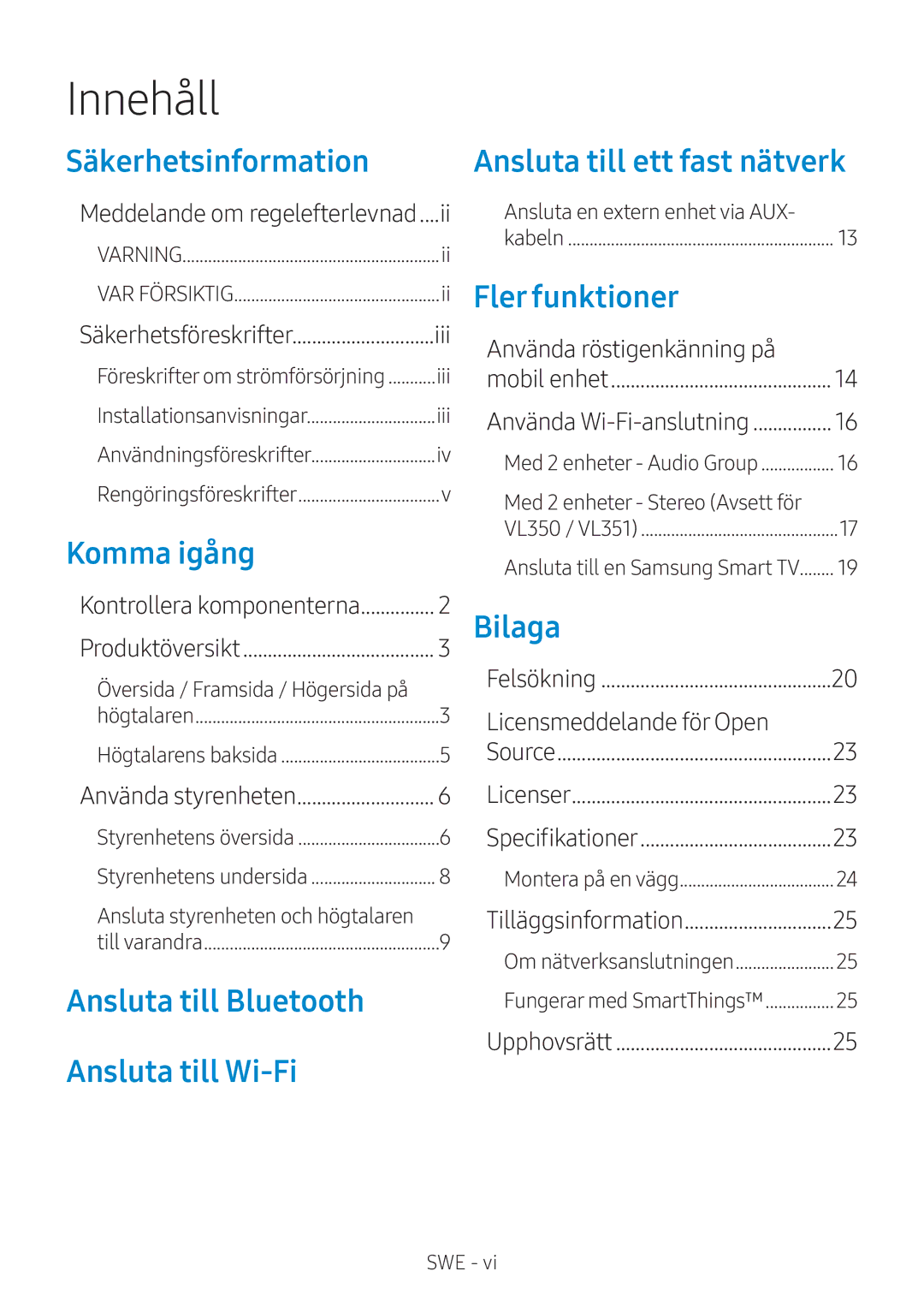 Samsung VL351/XE, VL350/XE, VL550/XE Innehåll, Säkerhetsföreskrifter, Använda styrenheten, Ansluta till en Samsung Smart TV 