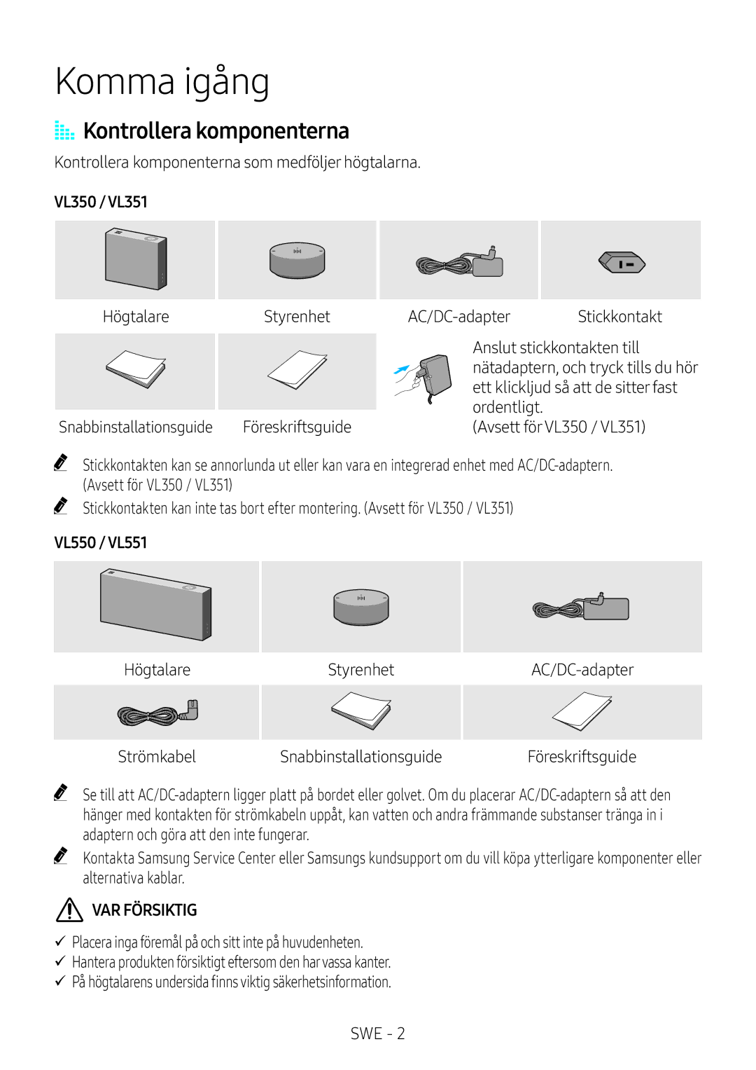 Samsung VL551/XE, VL350/XE, VL550/XE, VL351/XE manual Komma igång, AA Kontrollera komponenterna 