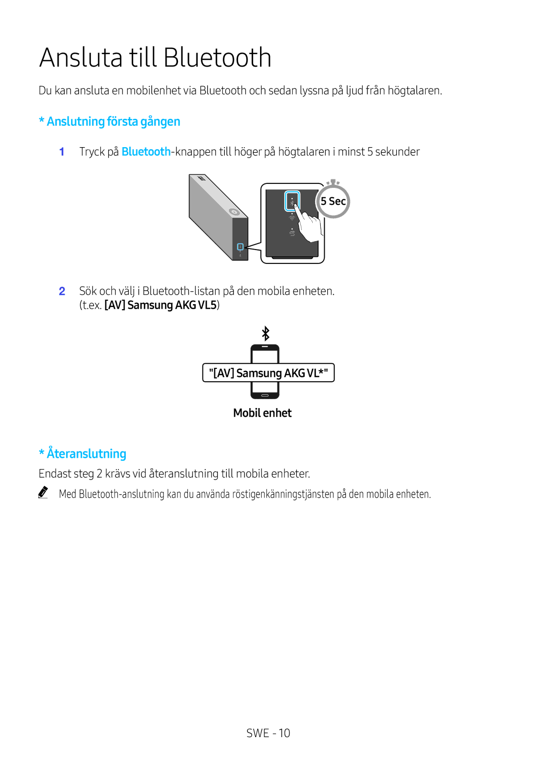 Samsung VL551/XE, VL350/XE, VL550/XE, VL351/XE manual Ansluta till Bluetooth, AV Samsung AKG VL* Mobil enhet 