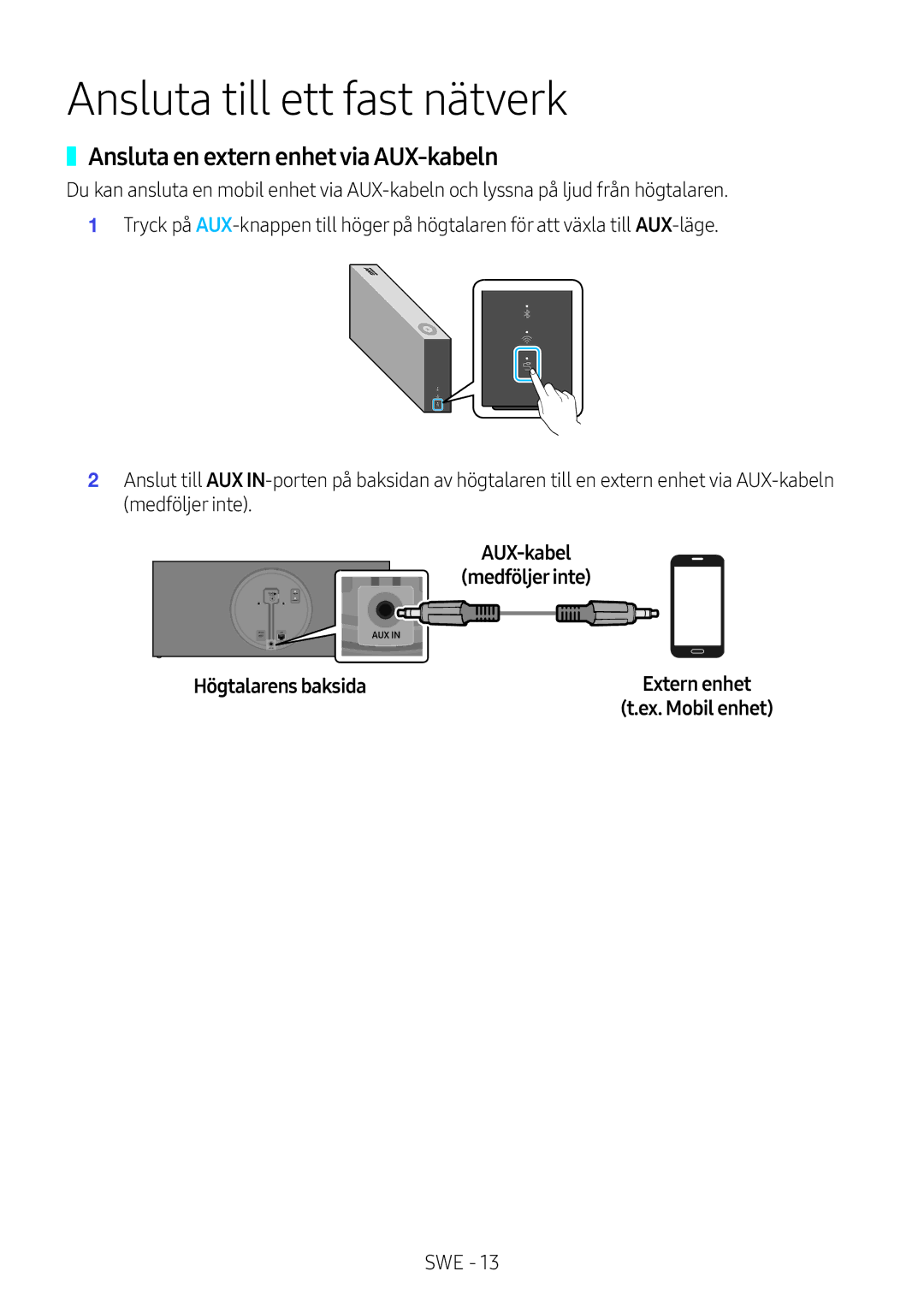 Samsung VL351/XE, VL350/XE, VL550/XE, VL551/XE manual Ansluta till ett fast nätverk, Ansluta en extern enhet via AUX-kabeln 