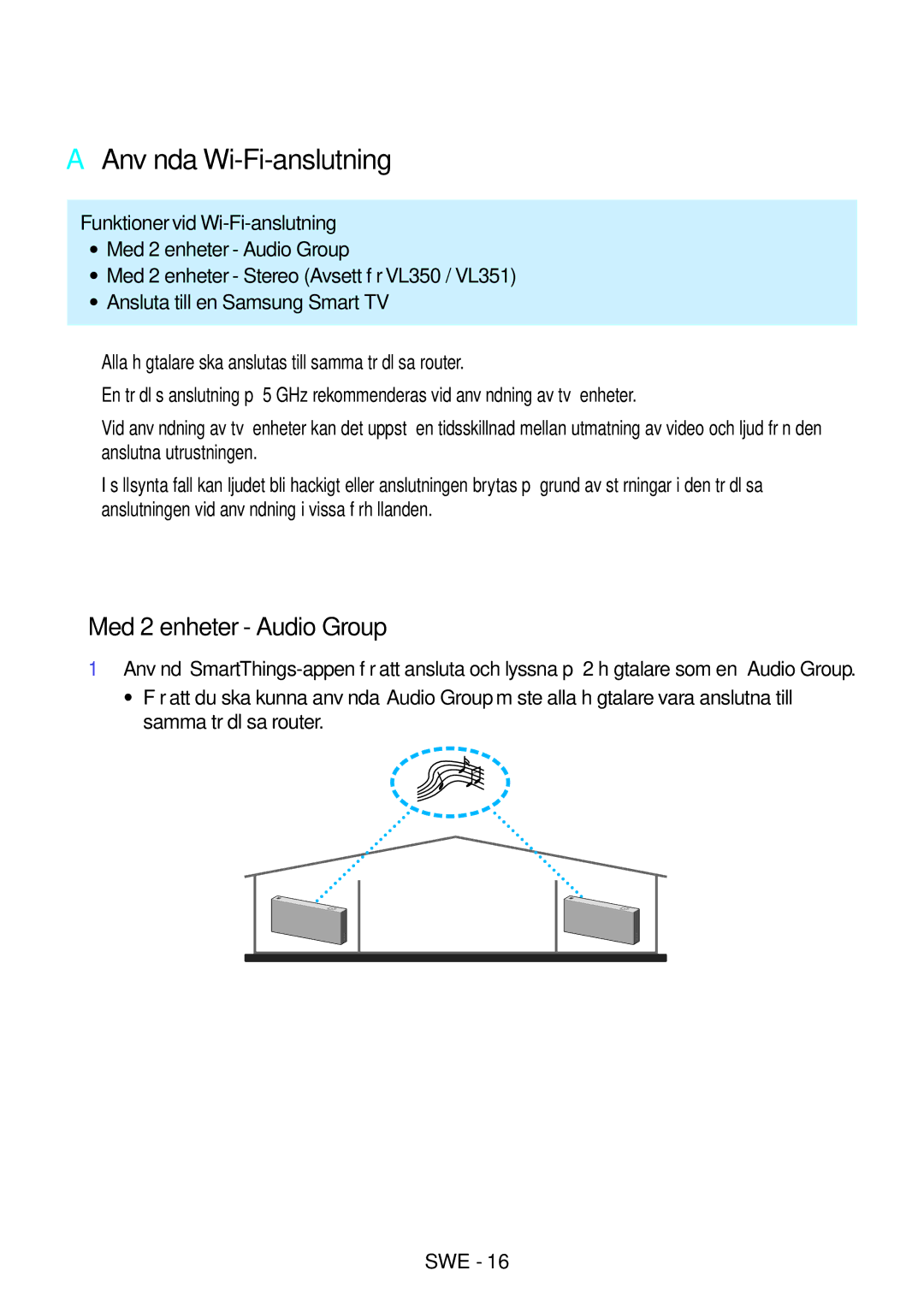 Samsung VL550/XE, VL350/XE, VL351/XE, VL551/XE manual AA Använda Wi-Fi-anslutning, Funktionervid Wi-Fi-anslutning 