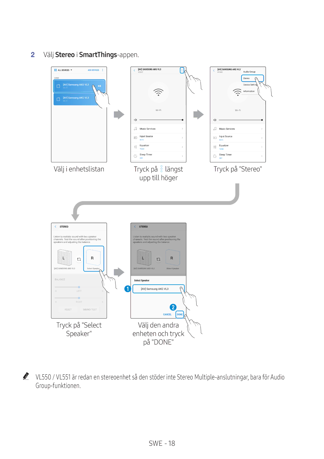 Samsung VL551/XE, VL350/XE, VL550/XE, VL351/XE manual Välj Stereo i SmartThings-appen 