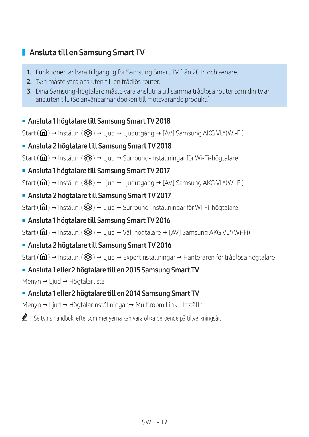 Samsung VL350/XE, VL550/XE, VL351/XE, VL551/XE manual Ansluta till en Samsung Smart TV, Menyn  Ljud  Högtalarlista 