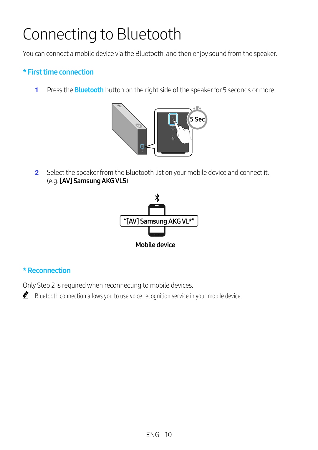 Samsung VL551/XE, VL350/XE, VL550/XE, VL351/XE manual Connecting to Bluetooth, AV Samsung AKG VL* Mobile device 