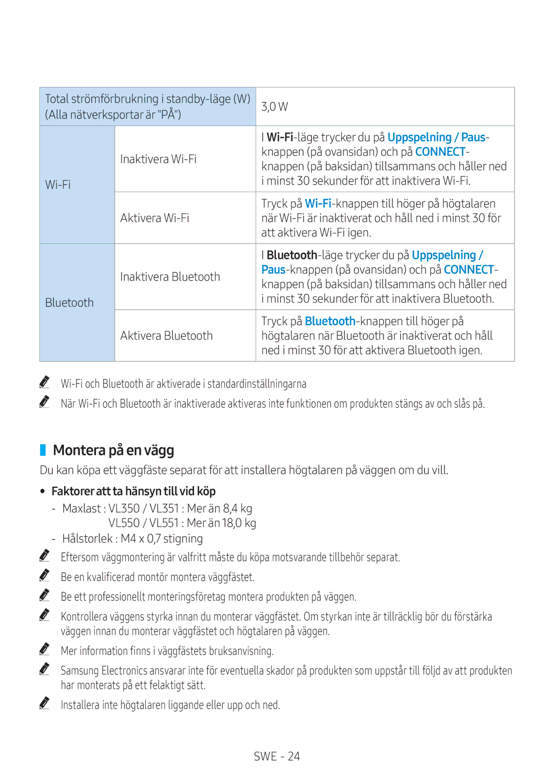 Samsung VL550/XE, VL350/XE, VL351/XE, VL551/XE manual Montera på en vägg, Faktoreratt ta hänsyn till vid köp 