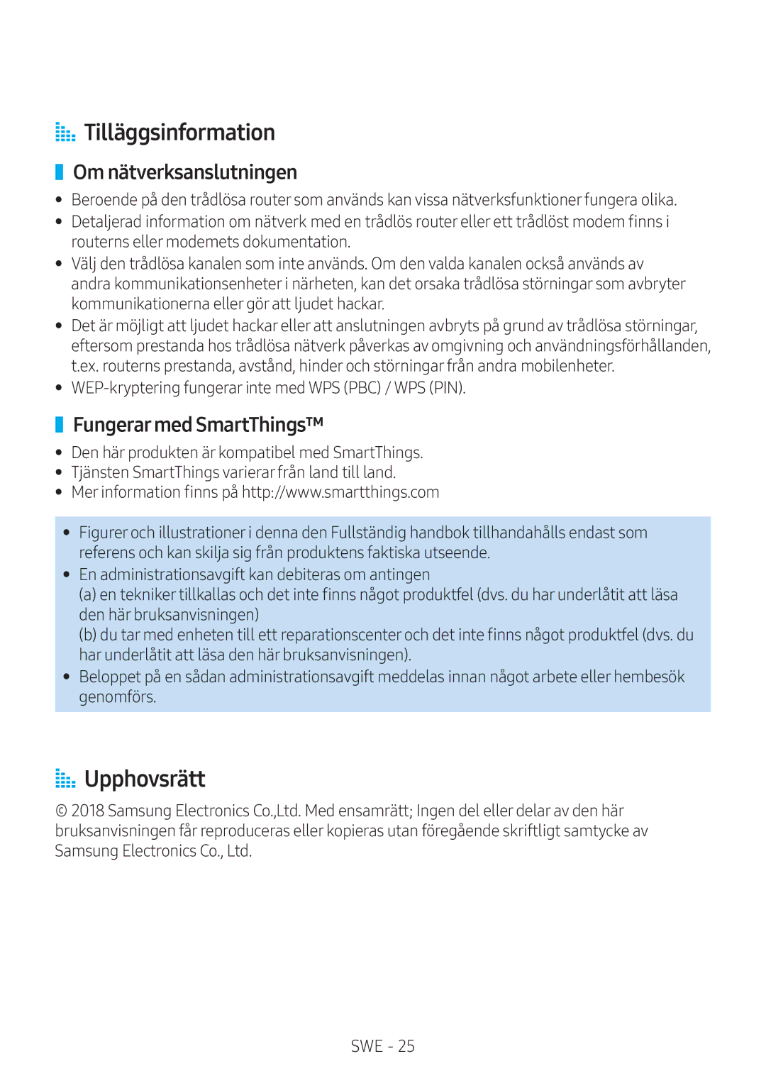 Samsung VL351/XE, VL350/XE manual AA Tilläggsinformation, AA Upphovsrätt, Om nätverksanslutningen, Fungerarmed SmartThings 